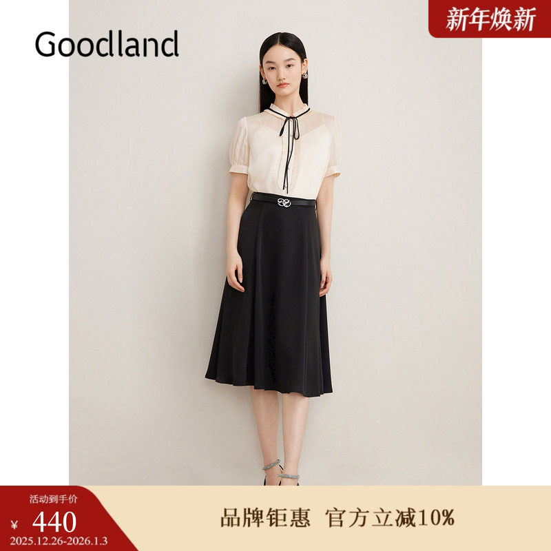 Goodland美地女装夏季法式优雅小黑裙双曲纱线半身裙