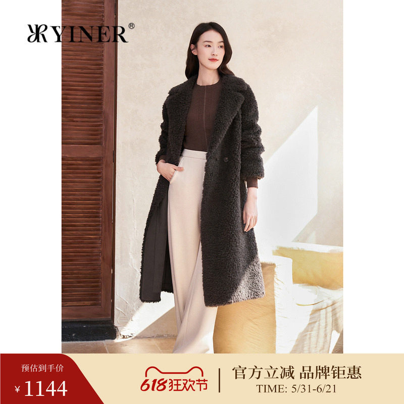 YINER音儿专选女装冬季时尚长款西装领环保羊毛皮草大衣外套