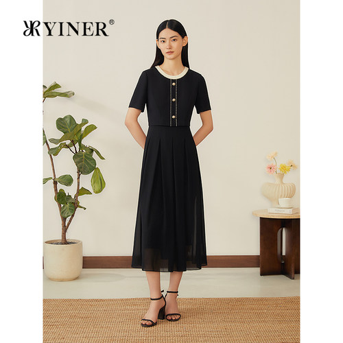 YINER音儿专选春季新款法式高光小黑裙假两件收腰雪纺连衣裙