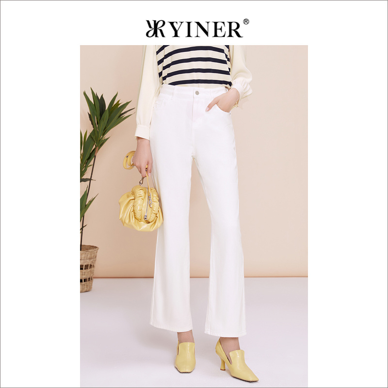 YINER音儿专选女装春季时尚高腰复古长裤直腿白色牛仔裤