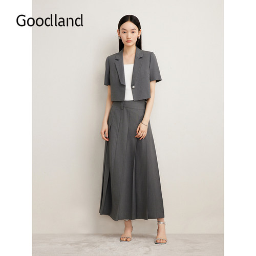 Goodland美地夏季法式优雅质感压褶小A摆气质半身裙