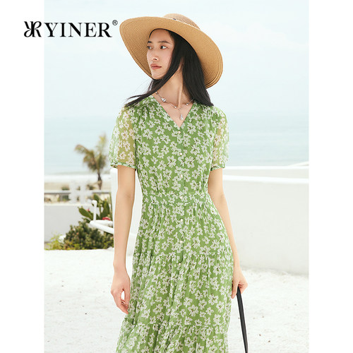 【周末花园】YINER音儿专选夏新款百合印花蛋糕塔裙V领连衣裙