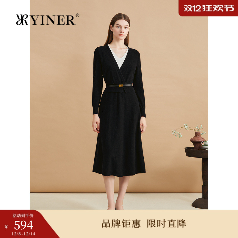【美丽诺羊毛】YINER音儿专选女装冬季时尚V领假两件连衣裙