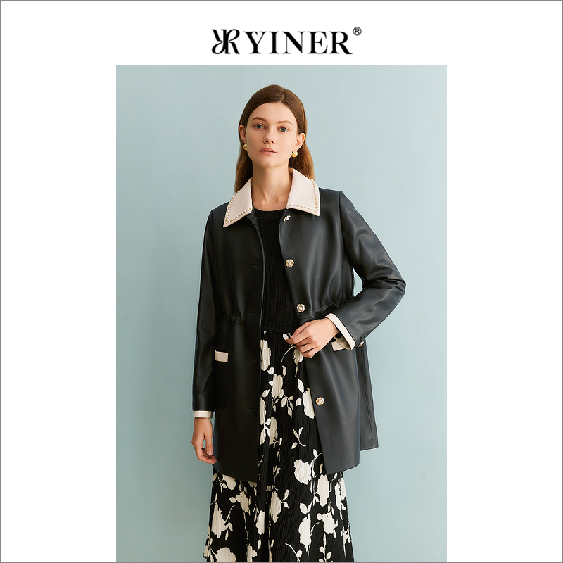 YINER音儿专选女装秋季撞色摩登钉珠POLO领羊皮皮衣