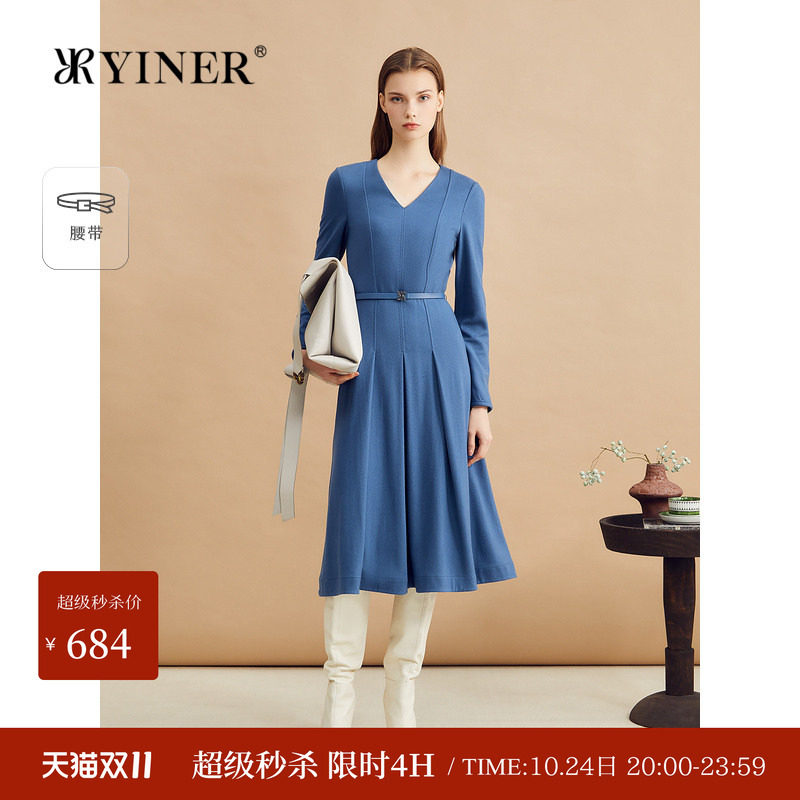YINER音儿冬法式美丽诺羊毛混纺重工立体裁剪连衣裙V领收腰内搭裙