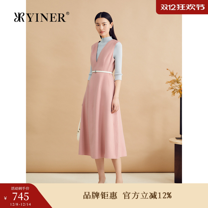 【100细支羊毛】YINER音儿秋季法式V领无袖气质连衣裙