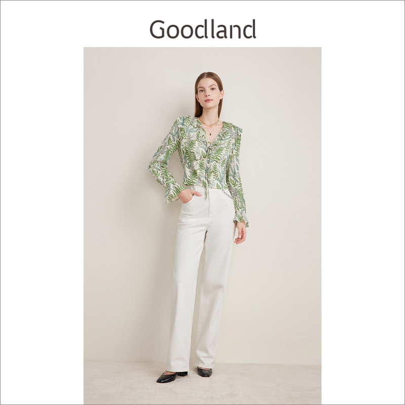 【云感真丝羊毛】Goodland美地春季法式优雅荷叶边衬衫