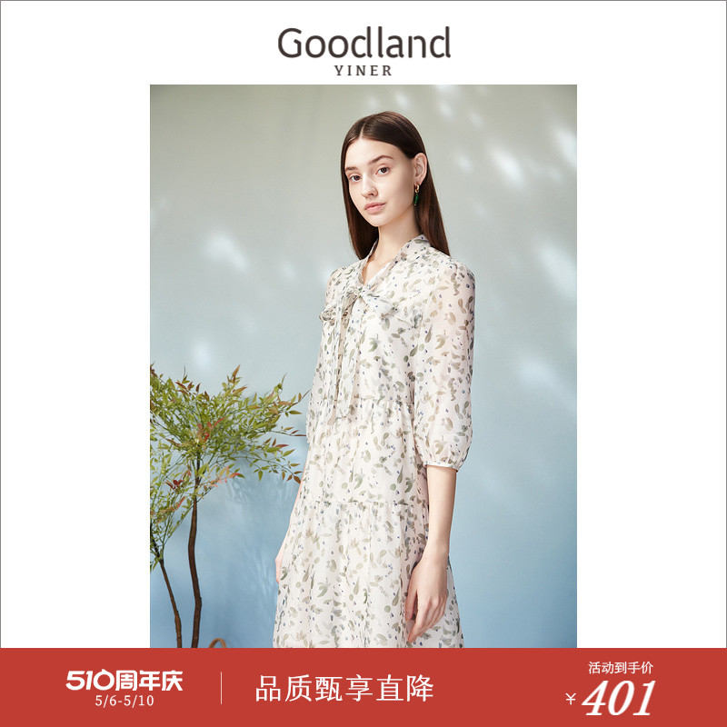 【爆款升级】Goodland美地女装春季蝴蝶结领碎花连衣裙