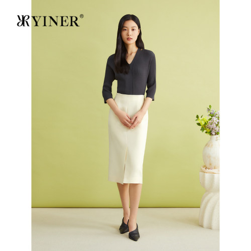 YINER音儿女装春季镂空V领桑蚕丝毛针织衫