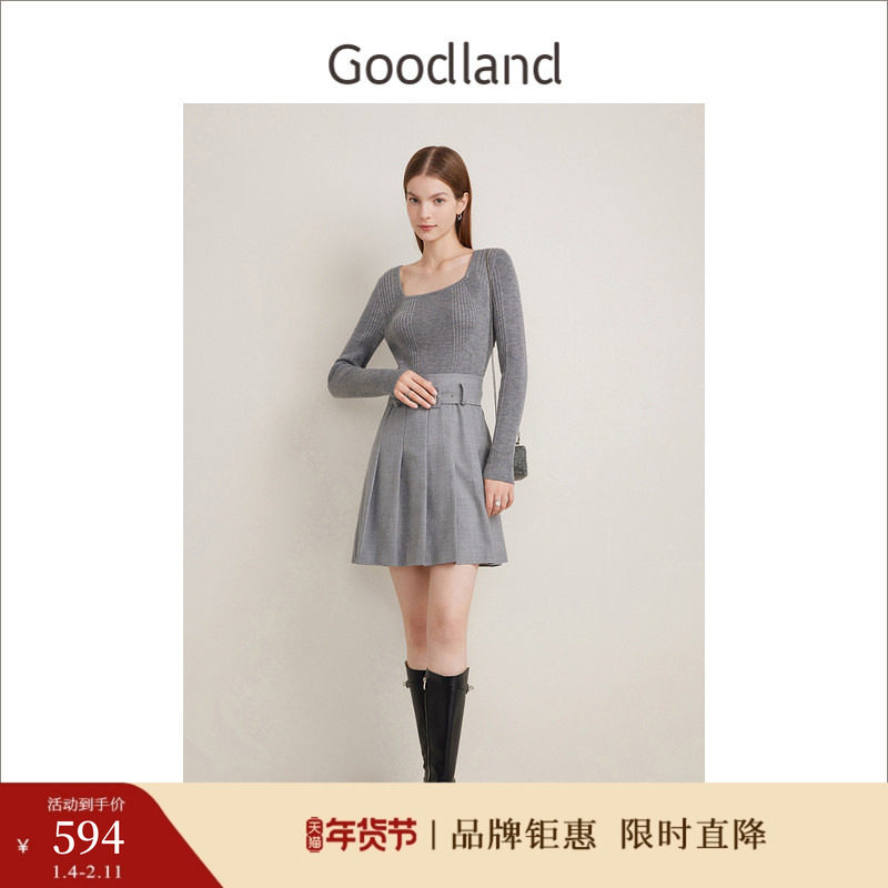 Goodland美地春季减龄48支纯绵羊毛织拼接百褶连衣裙,女装/女士精品,连衣裙,淘宝优惠券,粉丝福利购,淘宝优惠卷