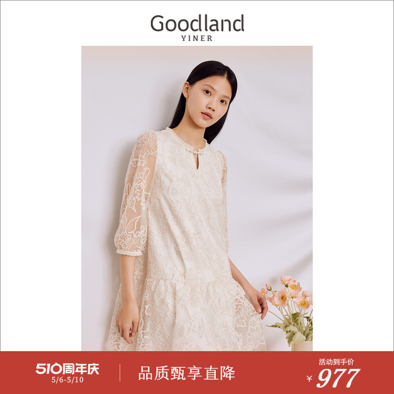 Goodland美地女装2023秋季法式网纱绣花钉珠圆领泡泡袖连衣裙