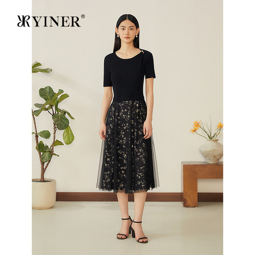 YINER音儿专选夏季新款法式优雅印花拼接针织假两件连衣裙