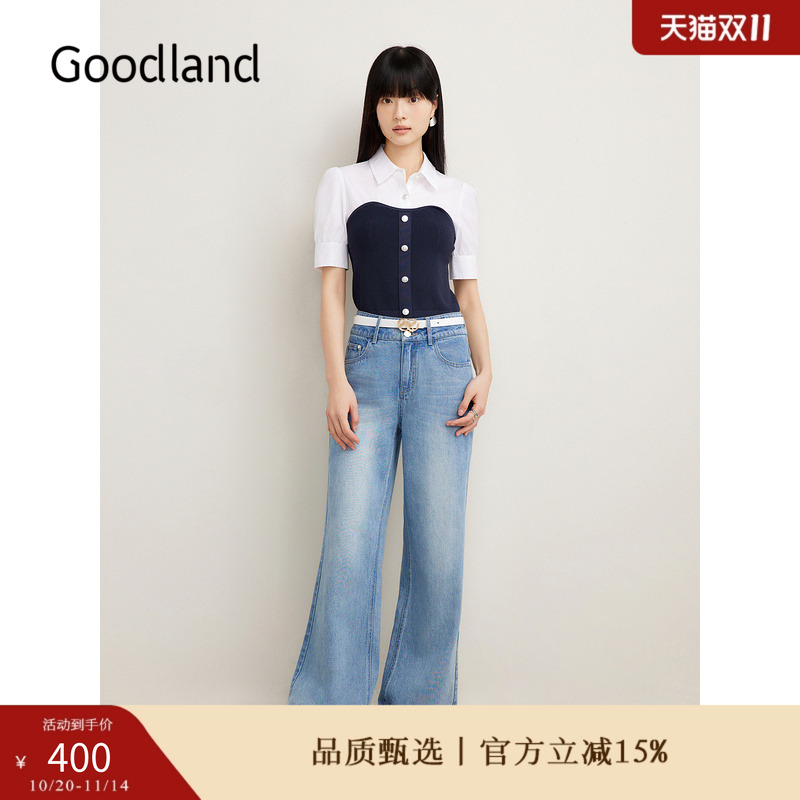 Goodland美地夏季撞色假两件拼接毛针织衫显瘦衬衫上衣