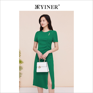 YINER音儿专选女装夏季时尚修身收腰设计感开叉连衣裙