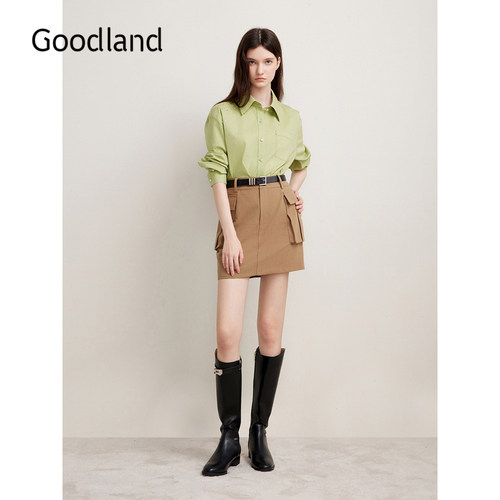 【天丝系列】Goodland美地春季水晶烫钻截短式莱赛尔衬衫长袖