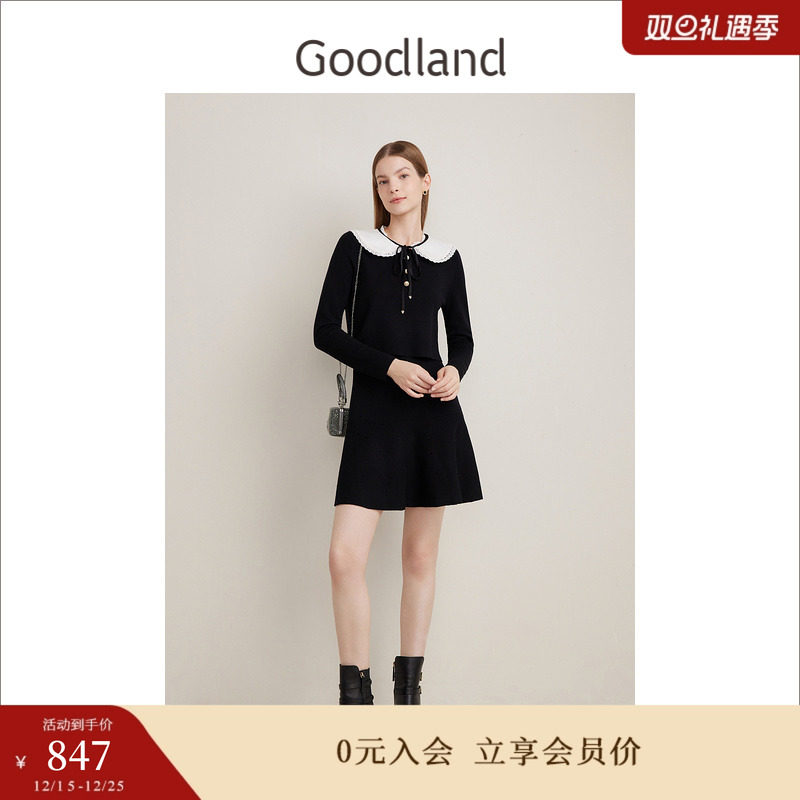 Goodland美地女装春季法式优雅娃娃领小黑裙羊毛连衣裙