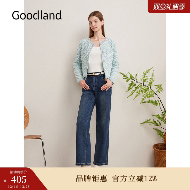 Goodland美地秋季铃兰丝光小香风毛针织衫珠片上衣