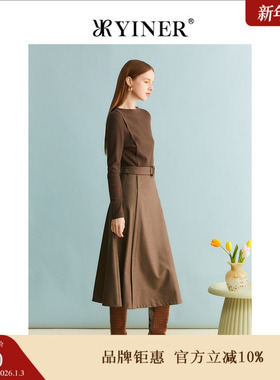 YINER音儿女装冬季时尚绵羊毛拼接针织收腰A字连衣裙