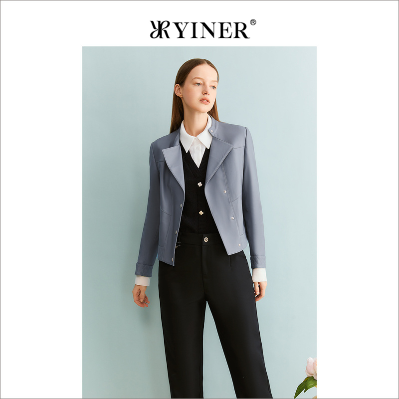 YINER音儿专选女装秋季经典短款羊皮大皮衣灰色外套