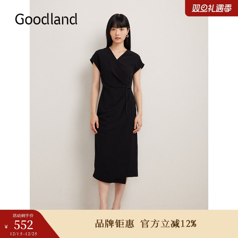 Goodland美地夏季法式优雅小黑裙收腰收褶连衣裙
