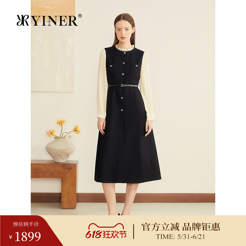 YINER音儿专选冬季新款羊毛混纺拼接雪纺袖钉珠撞色连衣裙