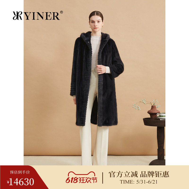 YINER音儿专选女装冬季时尚剪花连帽外套顺滑水貂毛皮真皮皮草