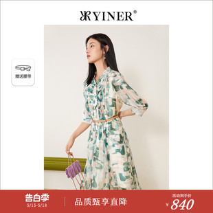 YINER音儿专选女装 蝴蝶结飘带雪纺碎花连衣裙 夏季