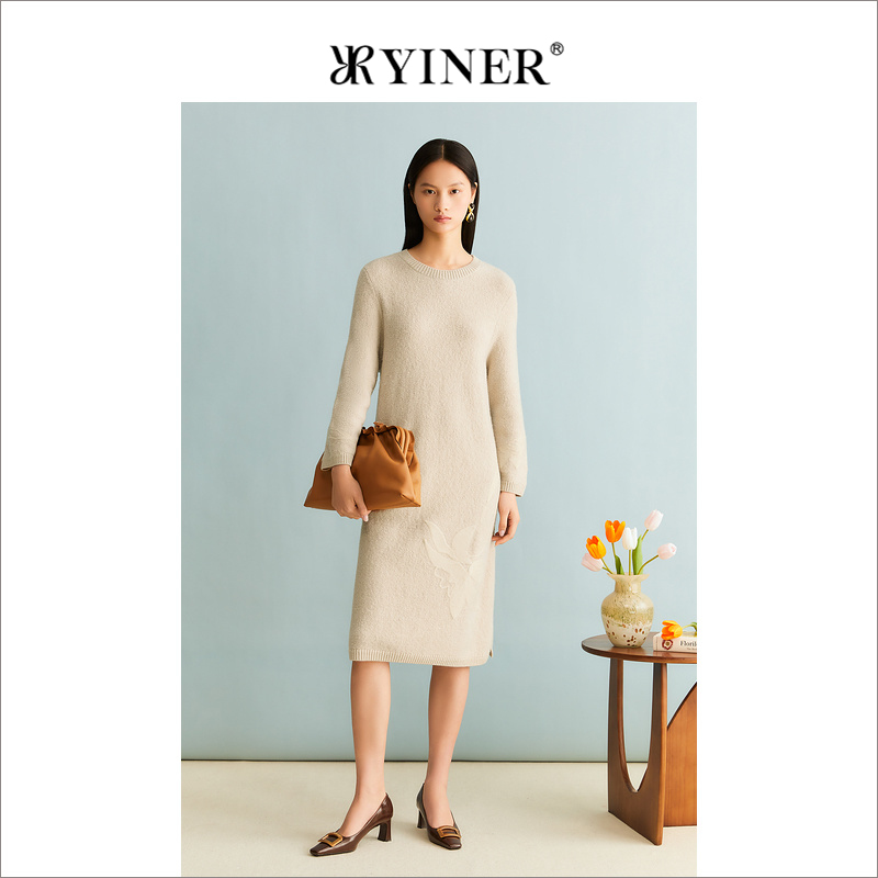 【裸感羊绒】YINER音儿冬季女装法式含绵羊毛提花连衣裙