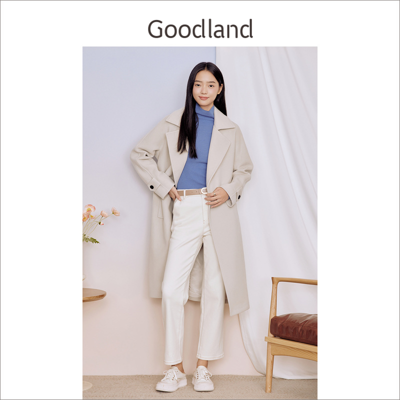【100绵羊毛】Goodland美地女装冬季中长款翻领毛呢大衣外套