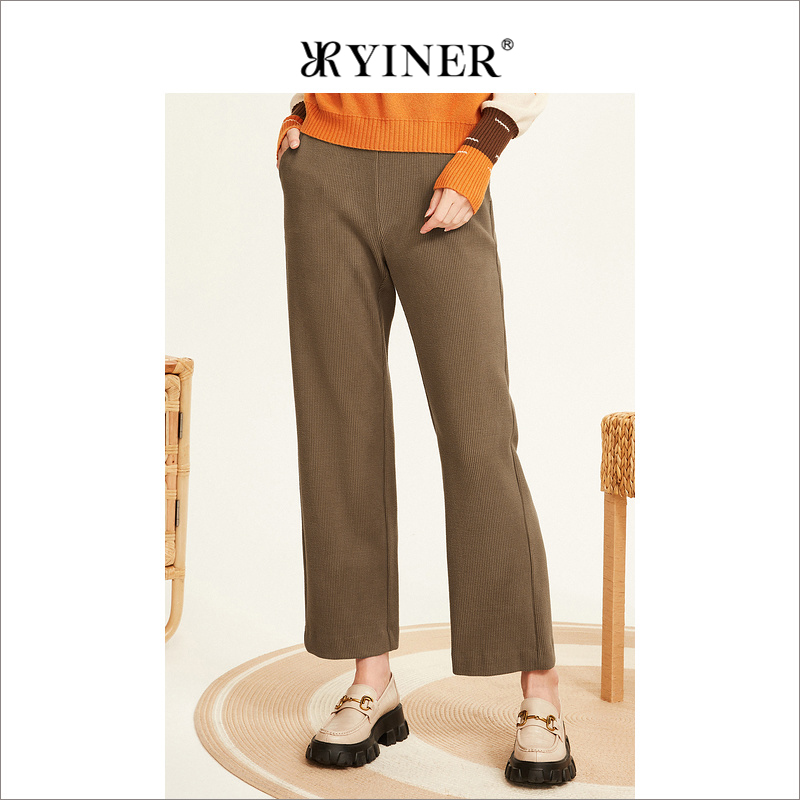 YINER音儿女装冬季法式优雅竖条纹高腰长裤阔腿直筒休闲裤