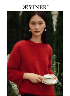 【中国红】YINER音儿女装冬季安可拉红羊绒针织衫套头上衣