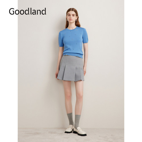 Goodland美地女装秋季时尚钉珠装饰凉感针织衫套头长袖