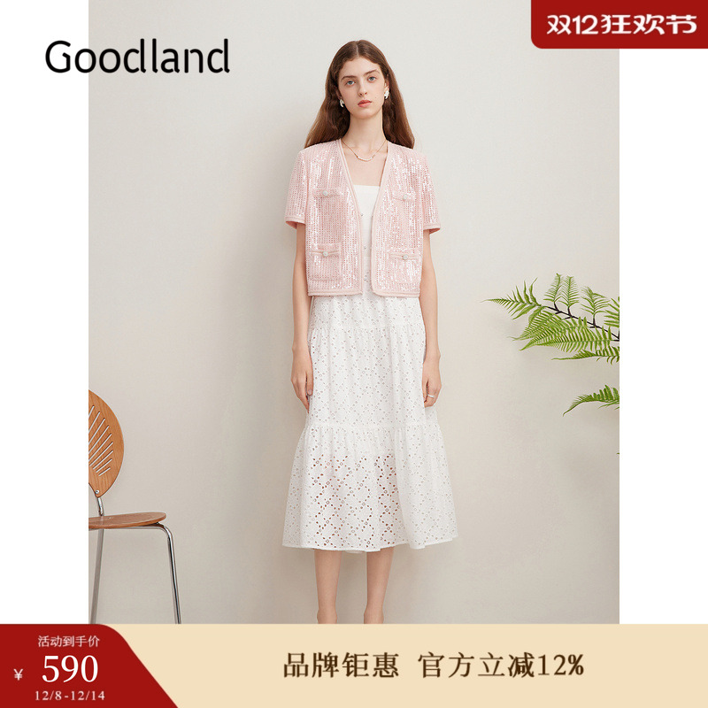 Goodland美地夏季重工珠片千金风玫粉休闲短外套