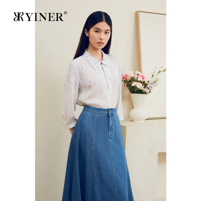 YINER音儿夏季法式木犀草渐变印花真丝衬衫上衣