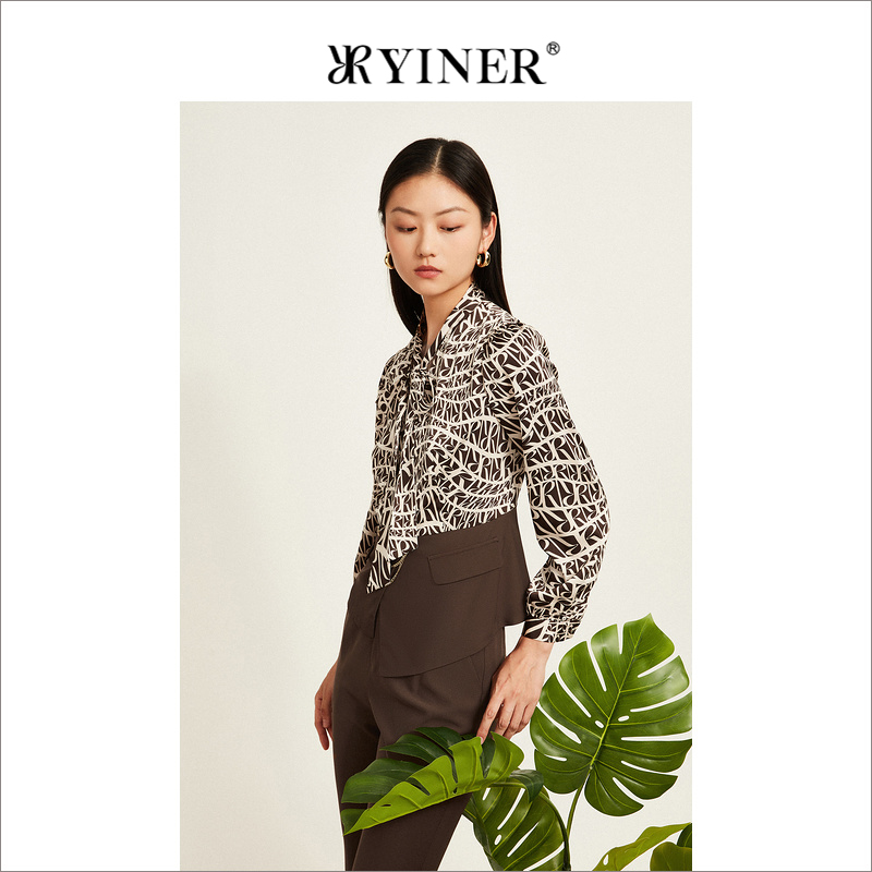 YINER音儿专选女装秋季字母印花通勤风上衣蝴蝶结飘带衬衫
