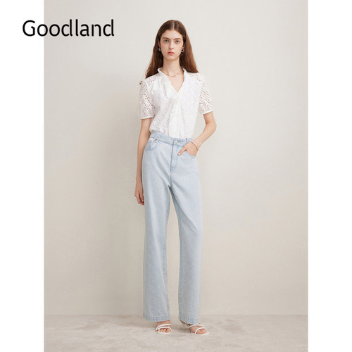 Goodland美地夏季高支亲肤棉镂空衬衫拼接荷叶边上衣