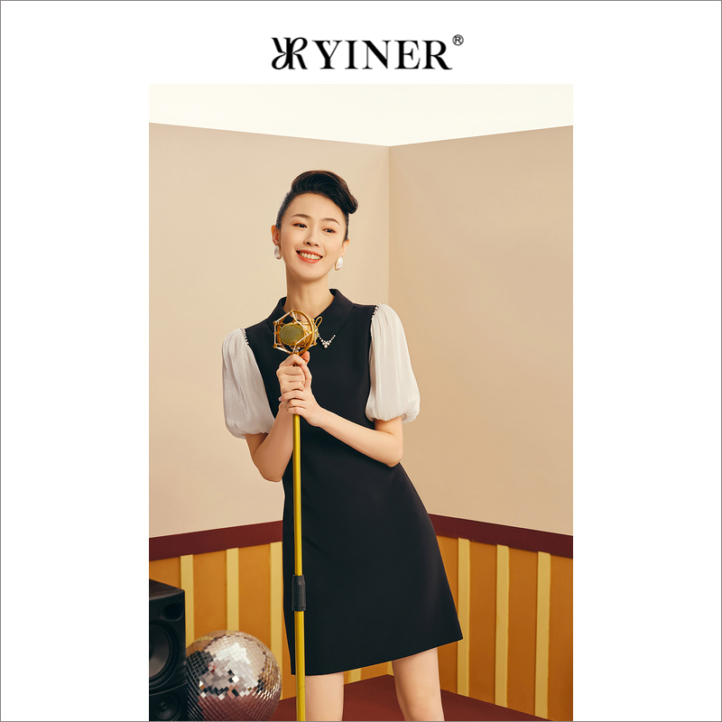 【1996系列】YINER音儿女装夏季法式钉珠领泡泡袖h型连衣裙
