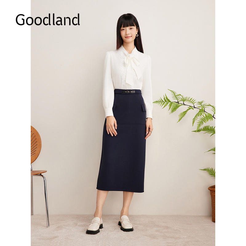 Goodland美地女装女装冬季时尚法式飘带领衬衫刺绣花卉上衣