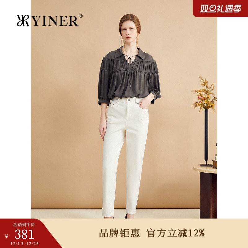 【真丝系列】YINER音儿秋季100桑蚕丝法式上衣收褶衬衫