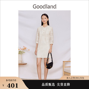 Goodland美地女装2023春秋复古镂空蕾丝网纱H型连帽连衣裙