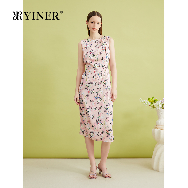 YINER音儿专选夏季新款法式印花碎花无袖连衣裙