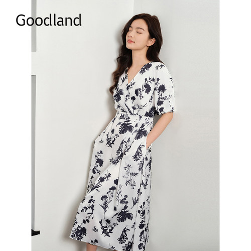 Goodland美地女装夏季时尚艺术印花V领收腰连衣裙