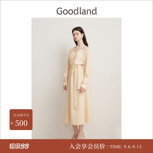 Goodland美地女装春季法式优雅抽绳V领修身衬衫连衣裙长袖
