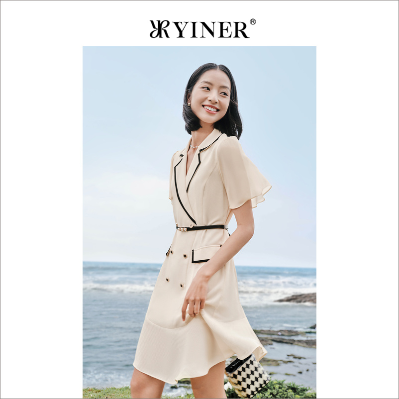 YINER音儿专选女装夏季收腰西装领修身职场撞色细边连衣裙