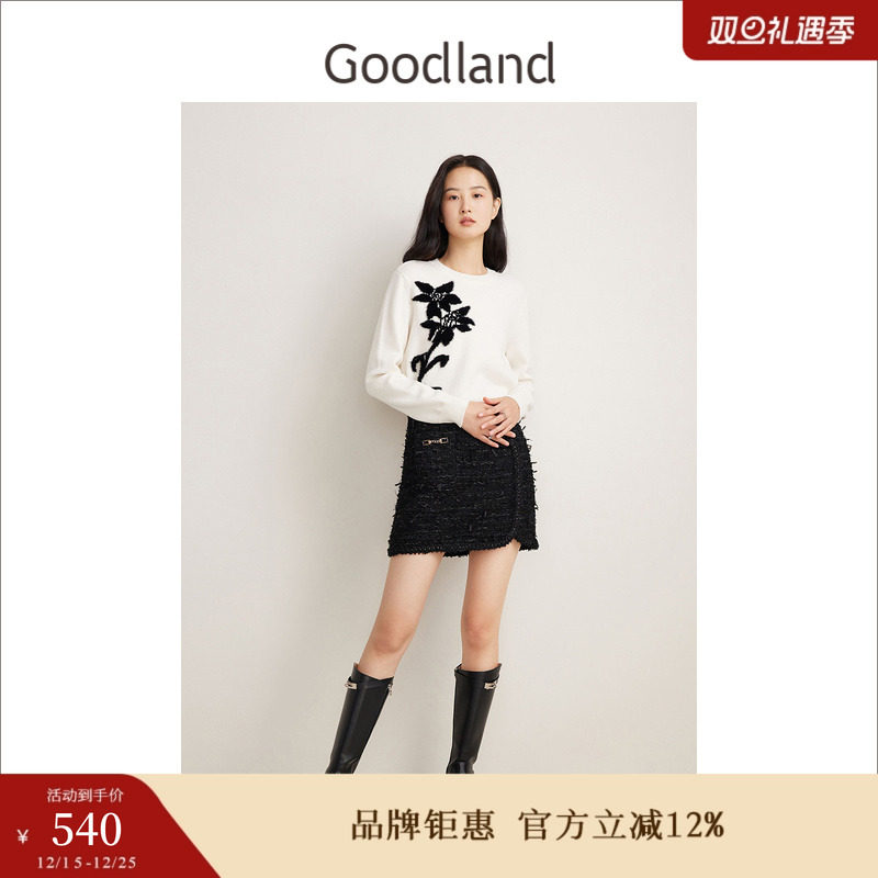 Goodland美地春季法式优雅小香风洋甘菊提花羊毛针织衫