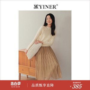 YINER音儿专选女装秋冬季蕾丝花边拼接提花针织衫套头上衣