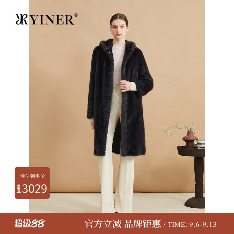 YINER音儿专选女装冬季时尚剪花连帽外套顺滑水貂毛皮真皮皮草图片