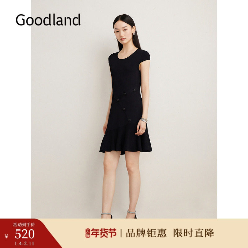 Goodland美地夏季法式优雅收腰小黑裙修身针织连衣裙,女装/女士精品,连衣裙,淘宝优惠券,粉丝福利购,淘宝优惠卷