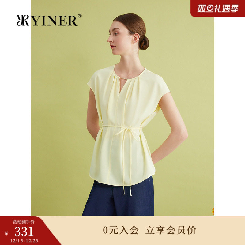YINER音儿专选女装夏季时尚法式优雅系带收腰半开领衬衫上衣