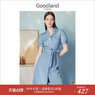 Goodland美地女装 夏翻驳领蝴蝶装 非遗源流 牛仔连衣裙